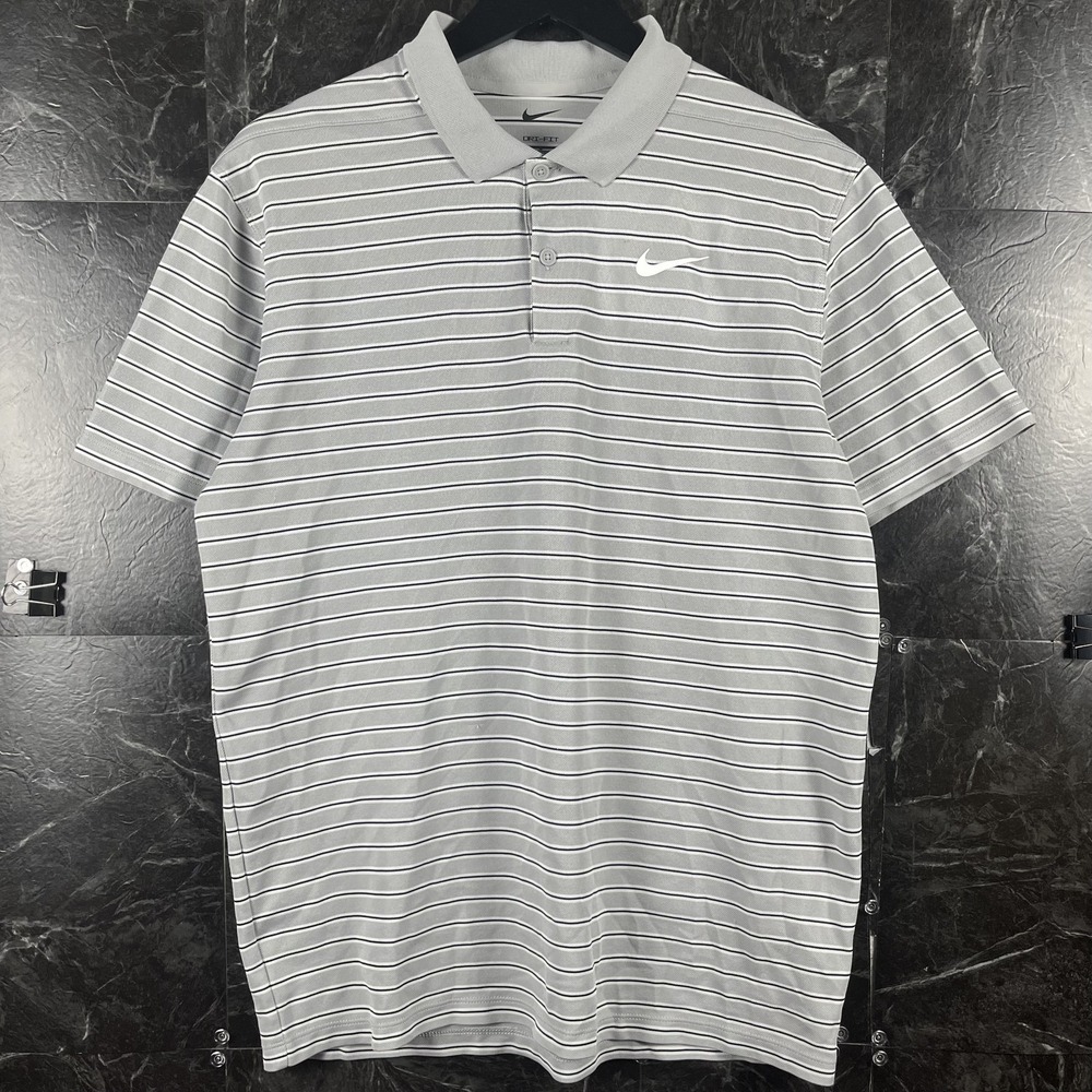 Nike Men's Grey Dri-Fit Striped Polo Shirt Medium